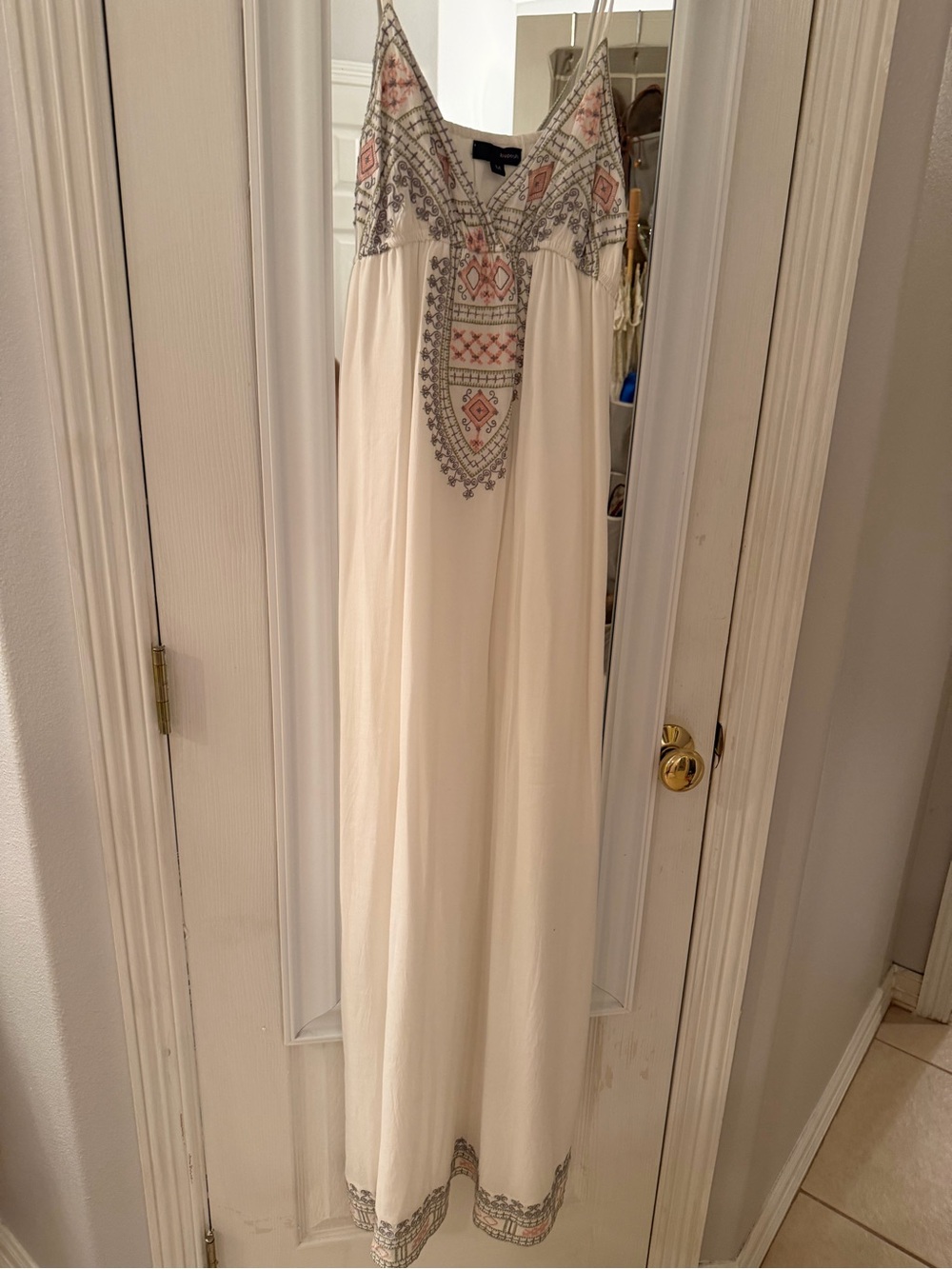 Posh Cream Maxi Dress with Pink & Gray Embroidery